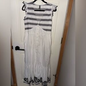 Anthropologie Peregrine Midi Dress Embroidered Smocked White Size M